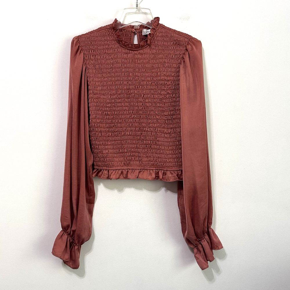 DO+BE‎ Blouse L Smocked Bishop Long Sleeve Dusty Rose Pink Party Boho Satin Top